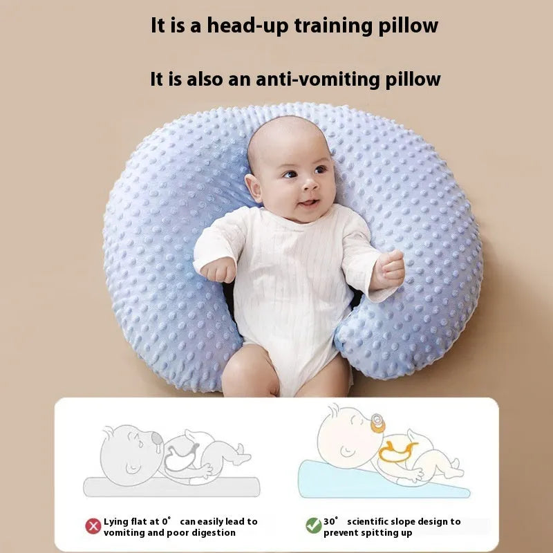 Nursing pillow with milk spill prevention design in choice of pink, yellow, grey, or light blue colour
