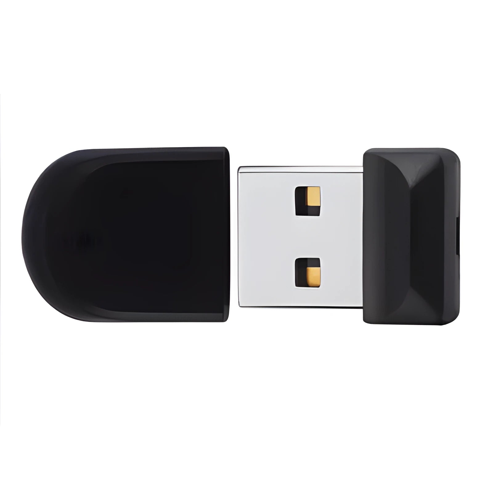 Black plastic USB flash drive with rotating protective cap showing waterproof and shockproof features