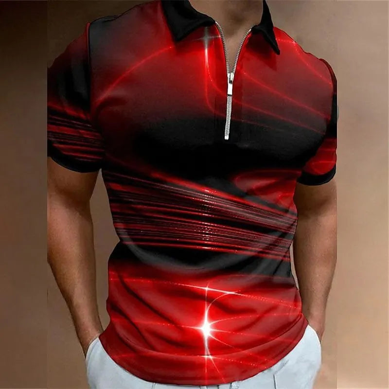 Men's blue zip-front polo shirt with lapel collar and short sleeves made from thin bird eye cloth