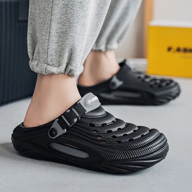 Men's white EVA platform slippers with hollow out design on a casual background