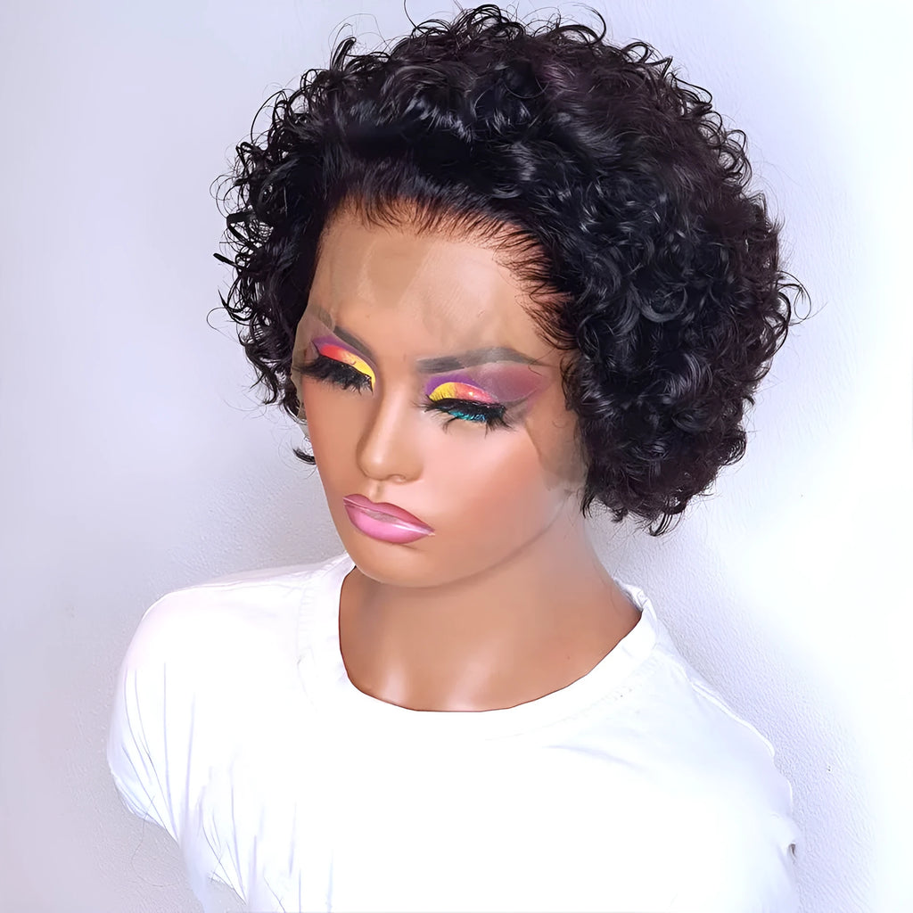 Black human hair lace front pixie wig in colour 13x1 on a stand.