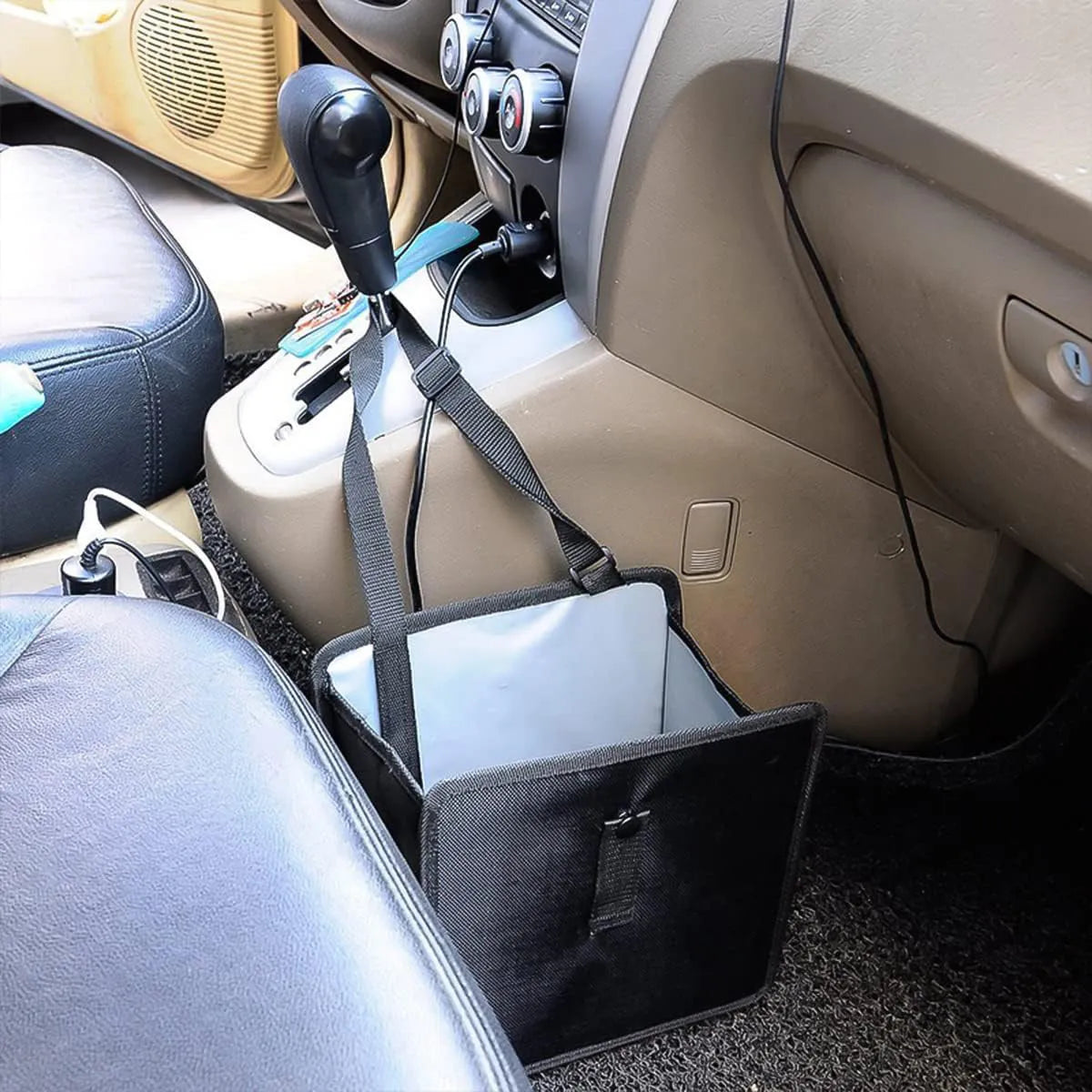 Black Oxford cloth car folding trash can showing expanded 22cm square shape and hanging strap