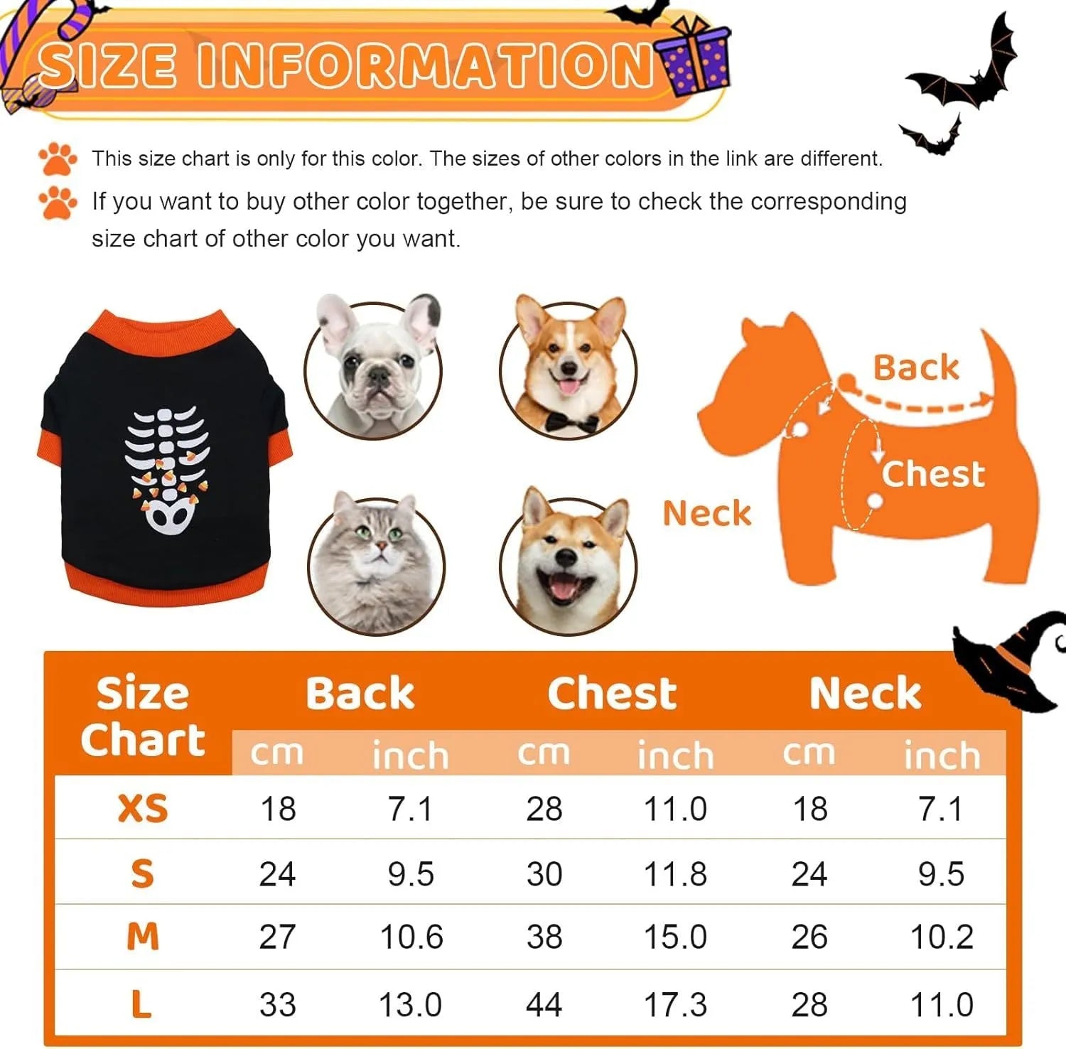 Orange dog sweatshirt with black skeleton print on small breed dog showing ribbed collar and cuffs
