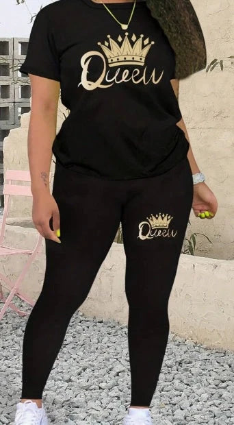 Crown and letter print polyester top and leggings set in royal blue, hot pink, or black