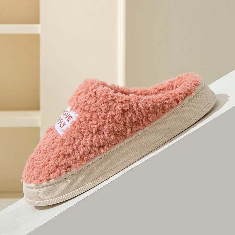 Letter design thick sole fluffy slippers in dark grey with plush upper and PVC sole for non-slip winter use