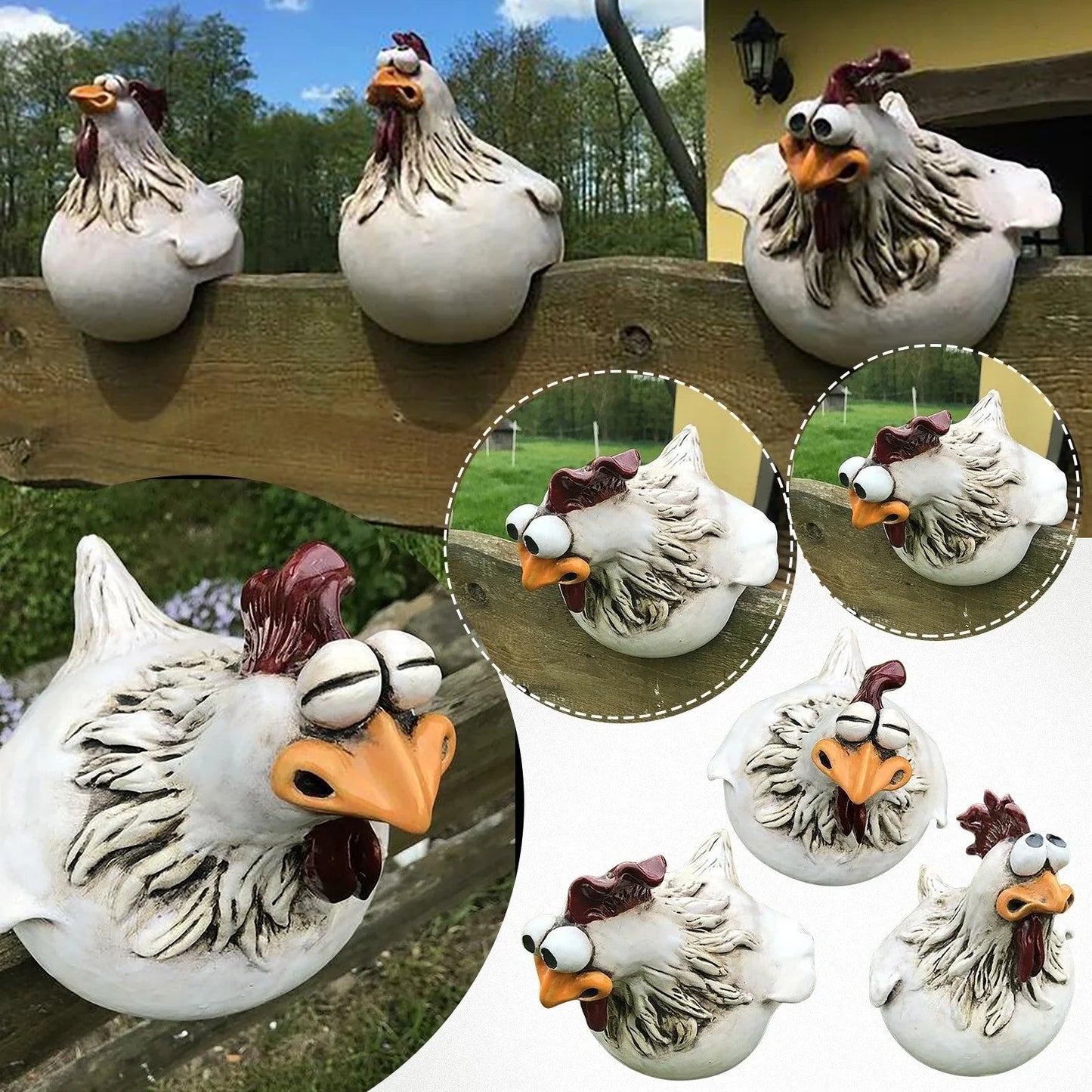Vibrant resin chicken garden decor with comical expressions, adding a touch of Kiwi charm to outdoor spaces