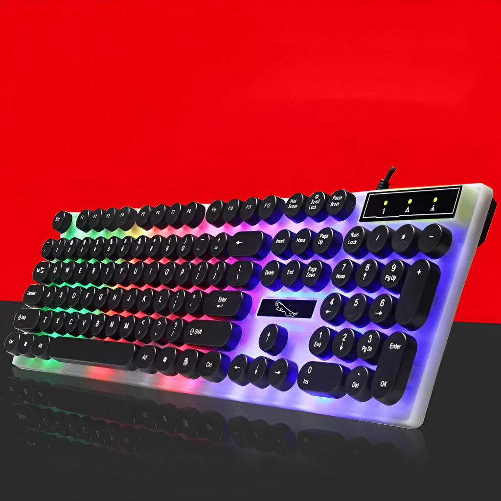 White waterproof gaming keyboard with RGB backlight showing 104 plastic keys and USB cable