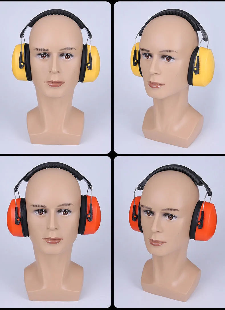 Orange adjustable protective earmuffs with breathable fabric ear cushions on a white background.