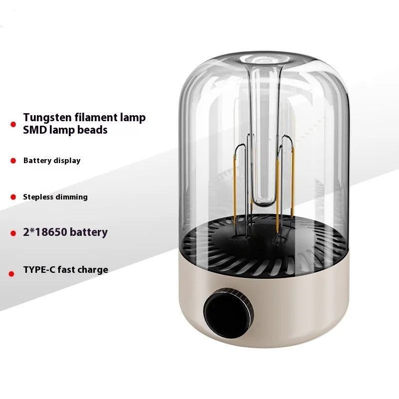 Beige and black camping LED light with USB output port and brightness control knob