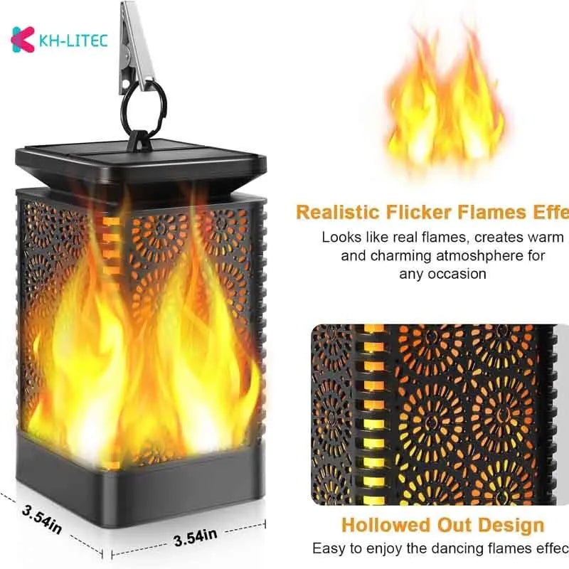 Four black solar-powered hanging lanterns with flickering flame LED light effect for outdoor garden decoration.