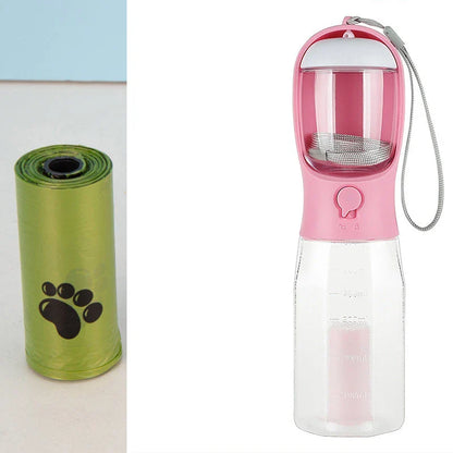 3-in-1 multifunctional pet water bottle with food feeder and waste bag dispenser in various color options