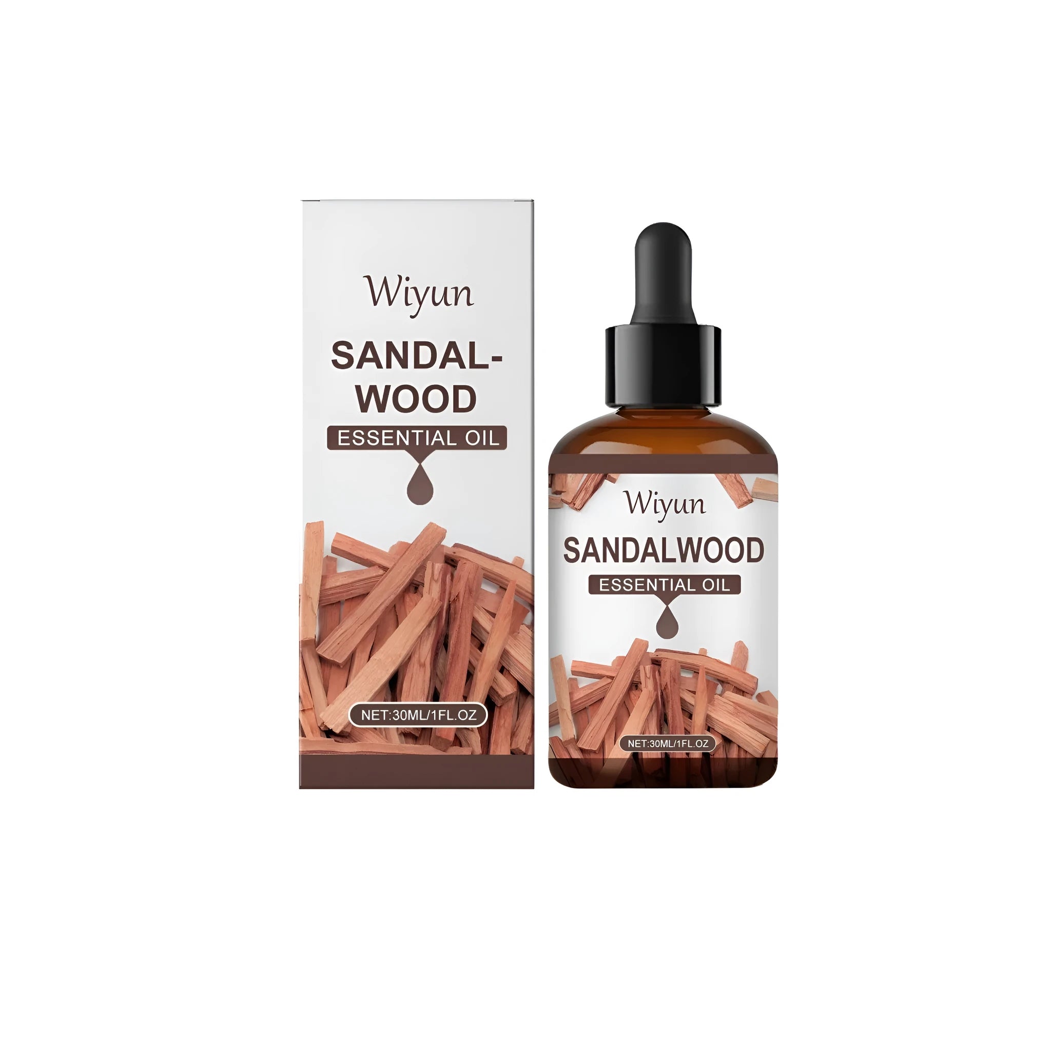 30ml bottle of sandalwood fragrance oil with glycerin and vitamin E formula
