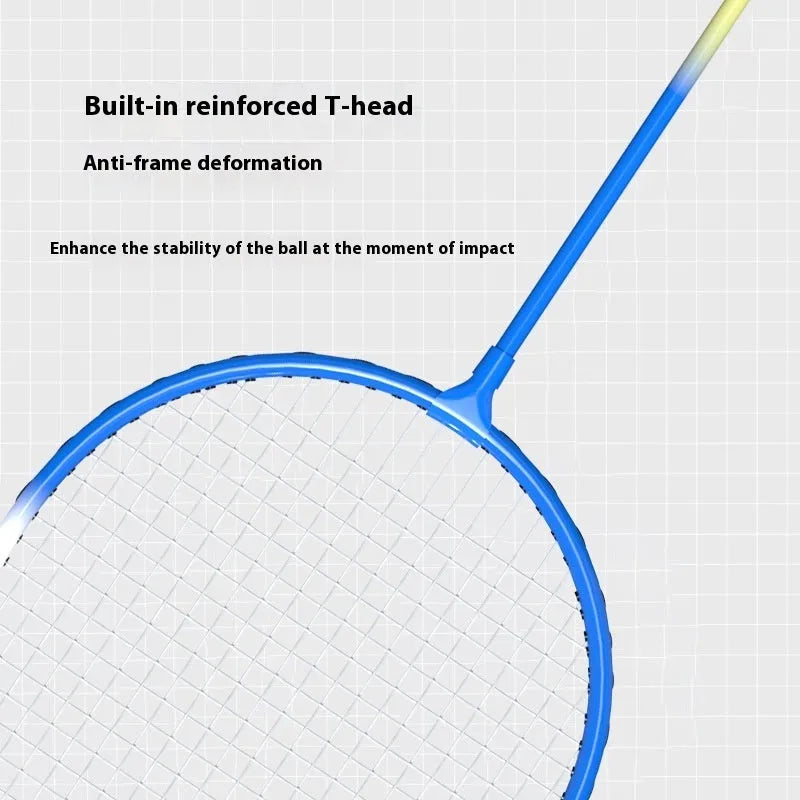 A pair of blue and red alloy ultra-light split badminton rackets laid side by side.