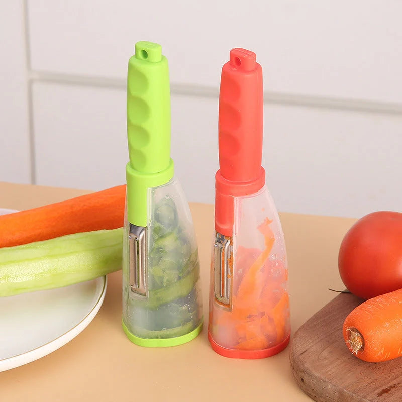 Stainless steel peeler with built-in rubbish bin for clean kitchen prep
