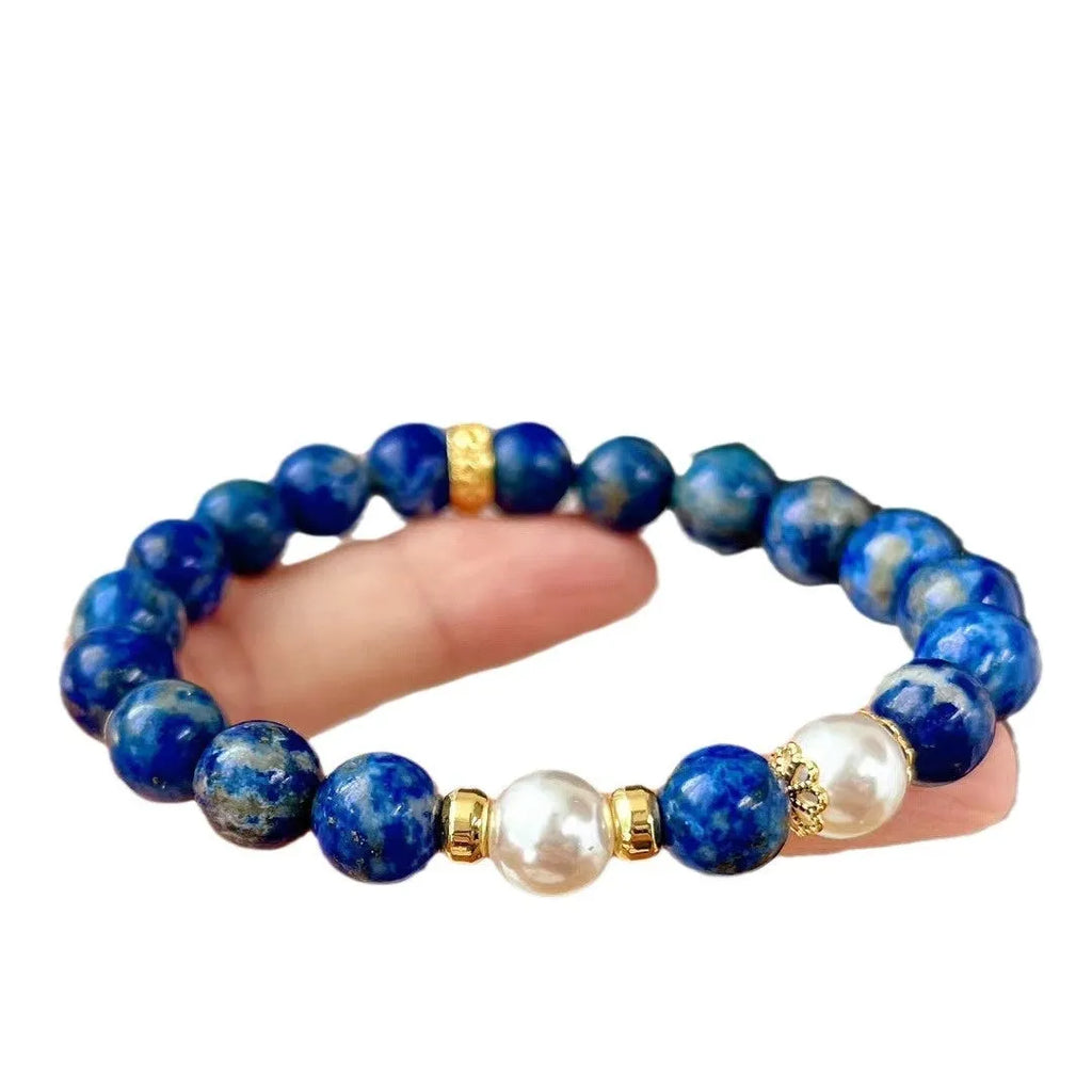 Lapis lazuli green gold stone bracelet with Chinese retro artistic design on wrist
