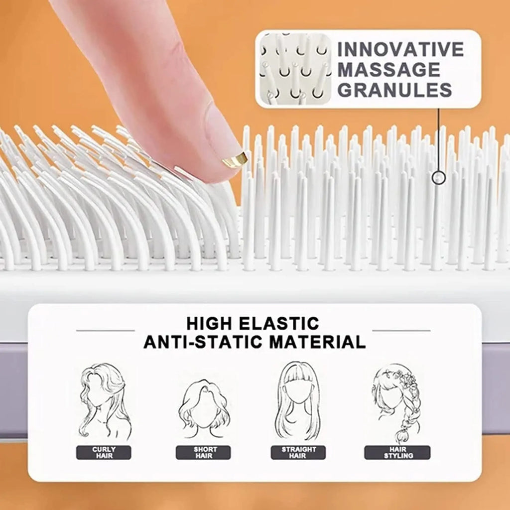 Purple and grey self-cleaning hair brush with rotate handle mechanism for anti-static massage combing