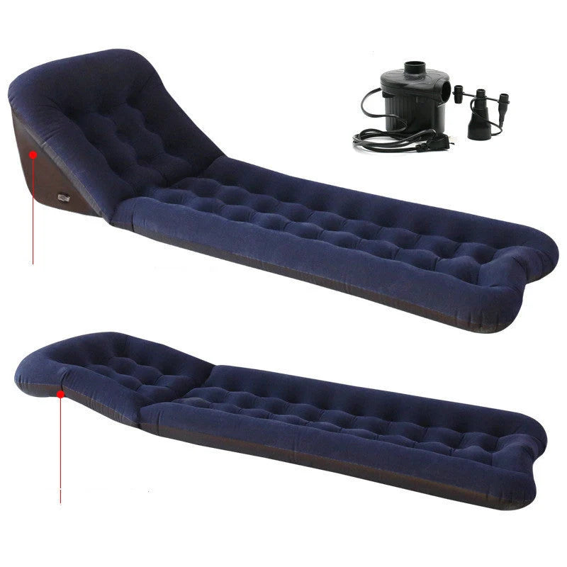 Automatic air mattress camping bed with quick inflation feature, dark blue and grey options