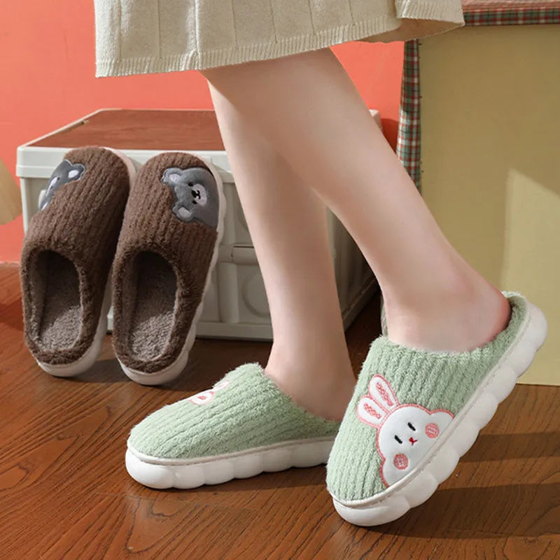 Cute rabbit striped slippers for women, thick PVC sole, plush upper, warm indoor non-slip home footwear