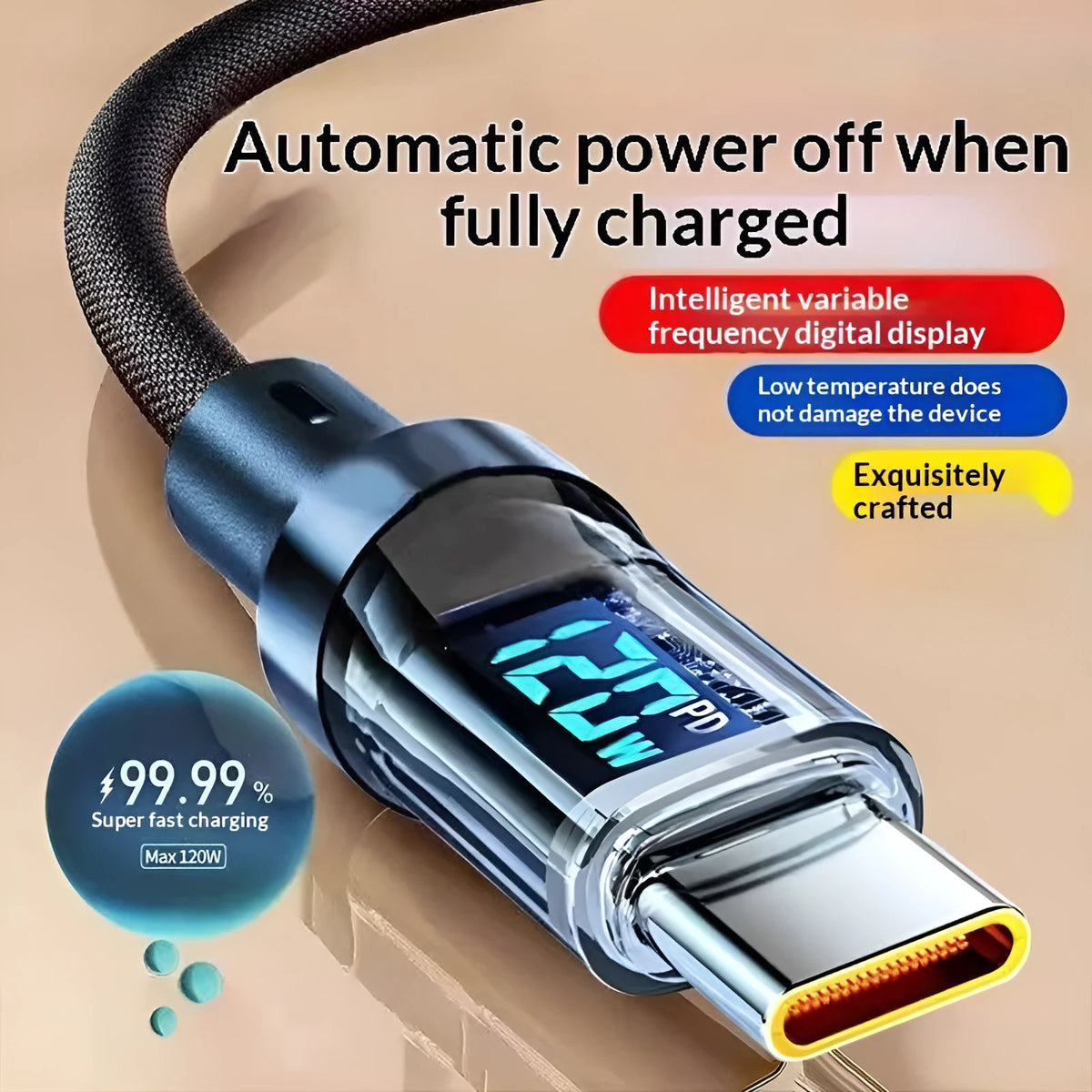 Smart digital display Type-C cable 240W braided nylon black for fast charging