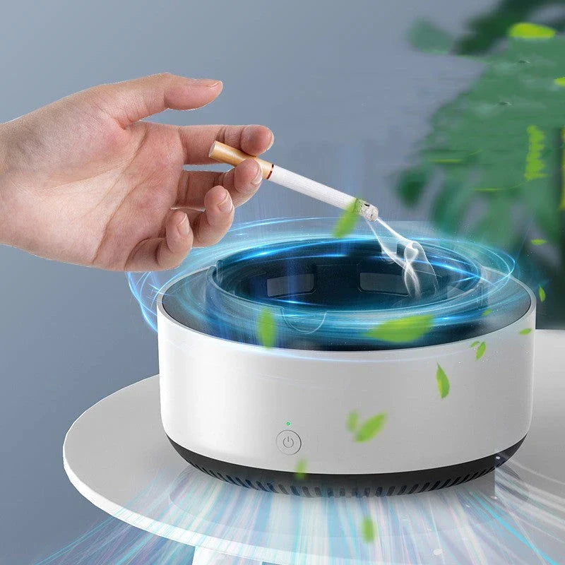 Stylish car ashtray with built-in air purifier for eliminating smoke and odors, featuring a compact, portable design and powerful 3600 RPM fan system.