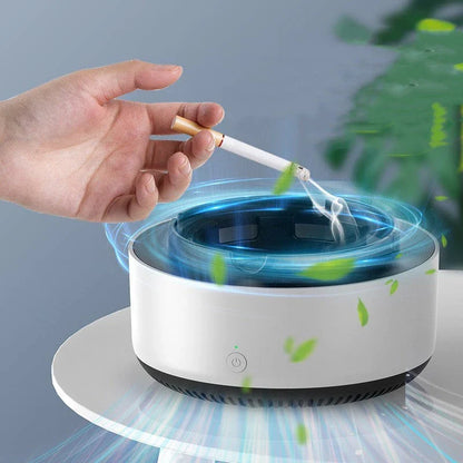 Stylish car ashtray with built-in air purifier for eliminating smoke and odors, featuring a compact, portable design and powerful 3600 RPM fan system.