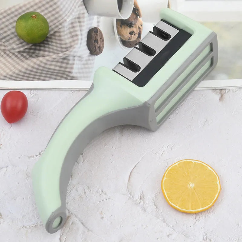 Multi-function kitchen knife sharpener with two-stage mouth colour box, ABS and TPR body, stainless steel and tungsten steel slots