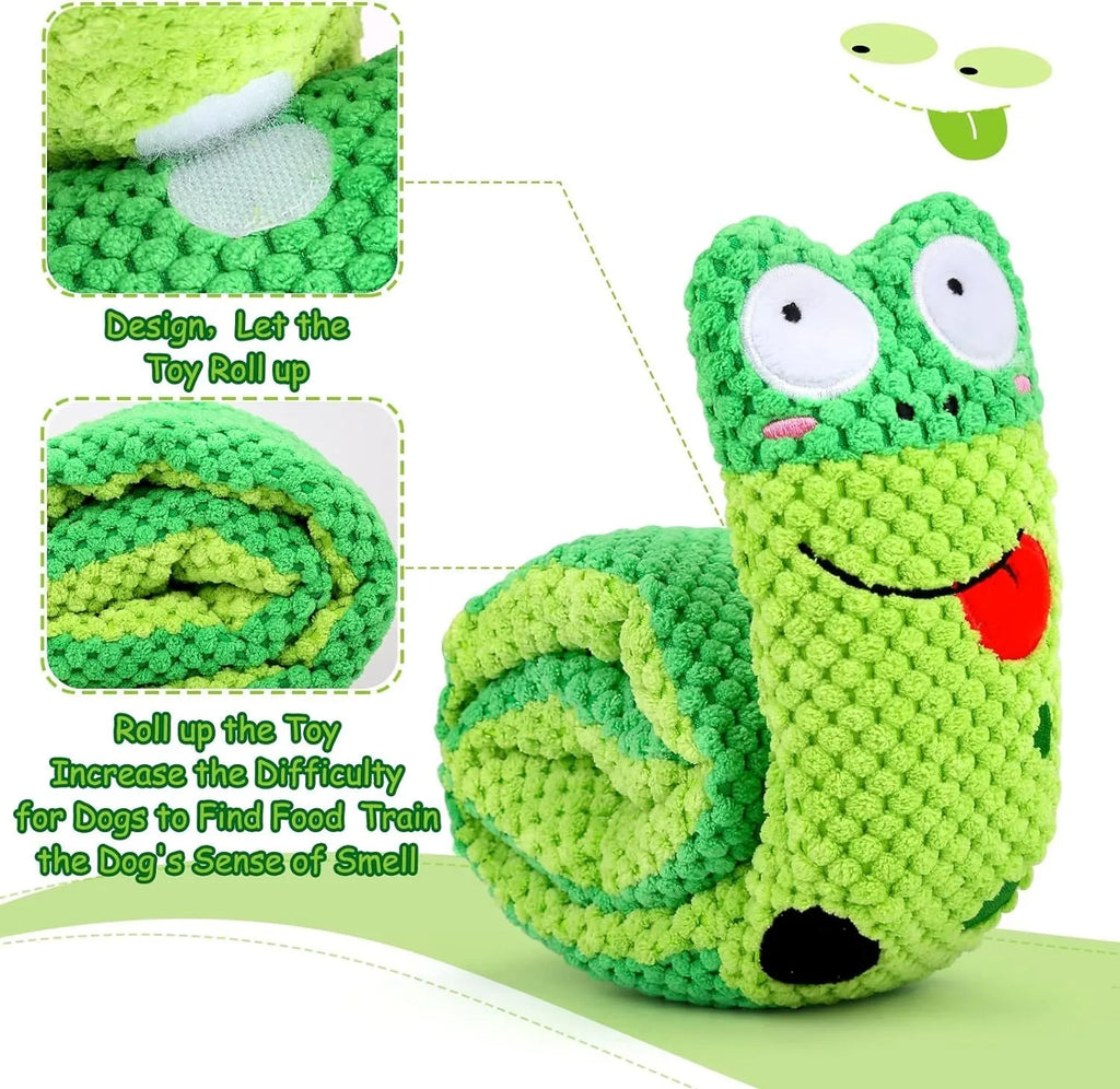 Squeaky dog puzzle toy in snail shape with velvet fabric, showing hidden food holes for foraging games.
