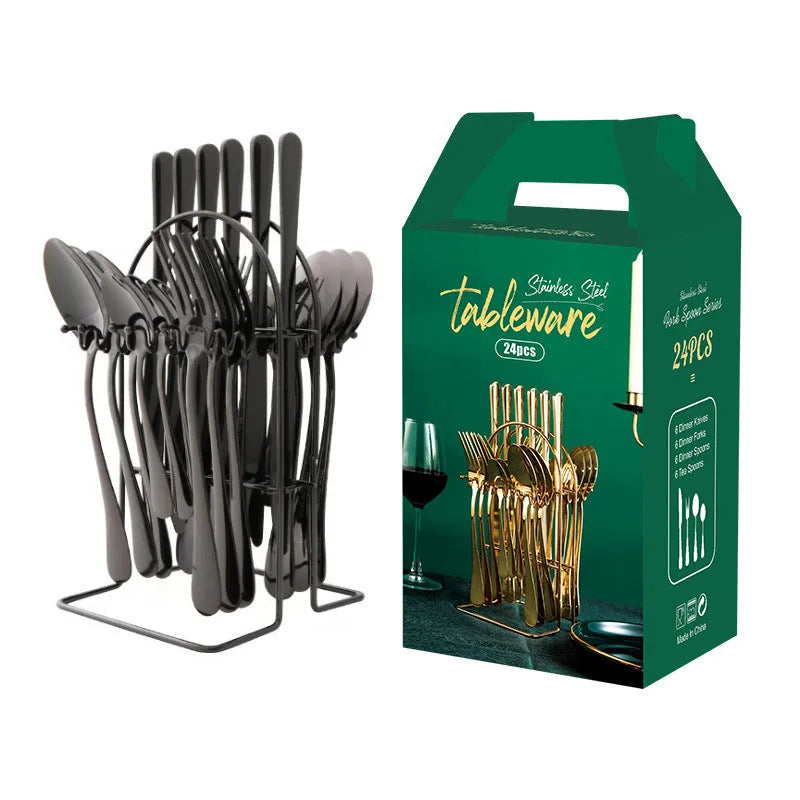 24-piece stainless steel cutlery set with storage rack in gold finish showing knives, forks, spoons