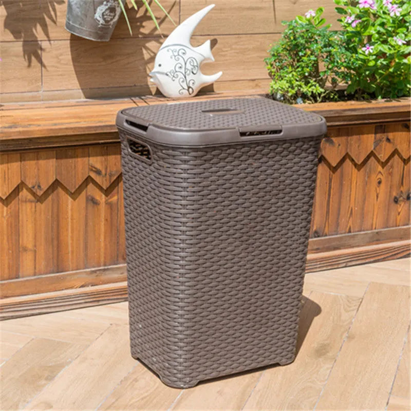 Plastic rattan woven laundry basket in beige color 44x34x62cm polypropylene
