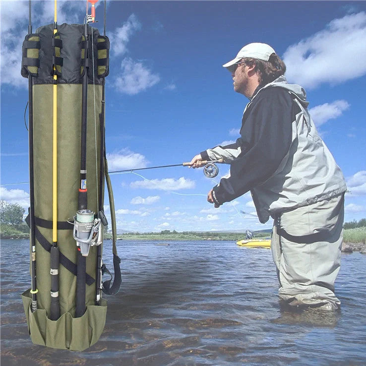 Cylindrical fishing bag measuring 116cm in length with 23.5cm diameter for organised storage of rods, reels, bait and tackle during sea fishing trips