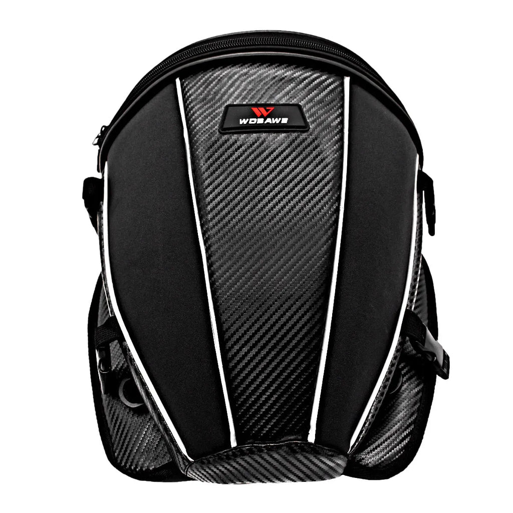 Black motorcycle seat bag with reflective strip, showing convertible crossbody strap and internal pocket organisation