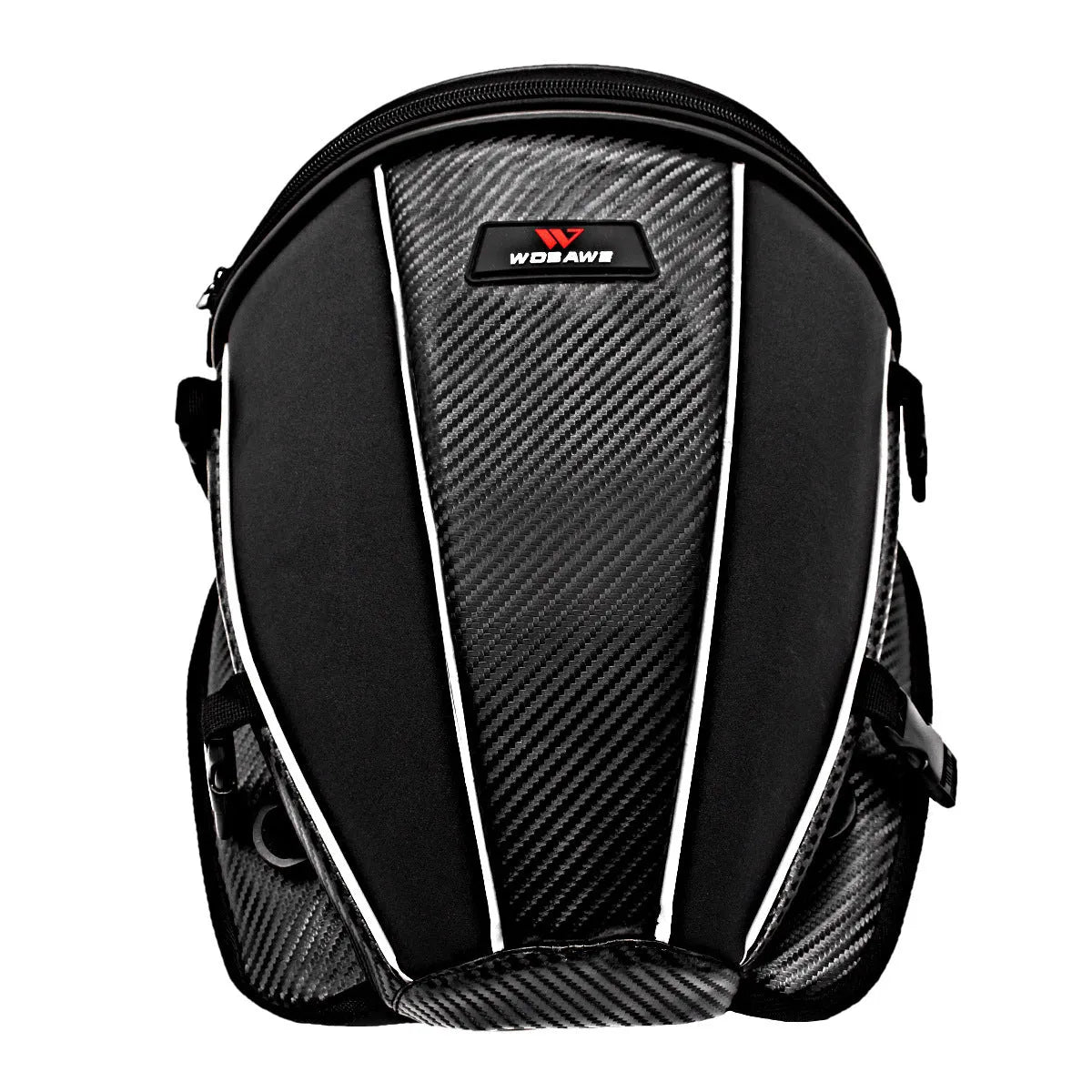 Black motorcycle seat bag with reflective strip, showing convertible crossbody strap and internal pocket organisation