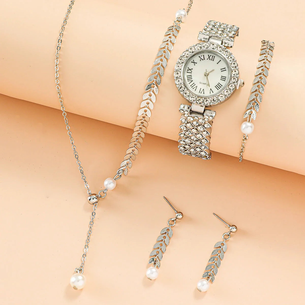 Diamond women's watch with rhinestone quartz bracelet and matching jewellery set