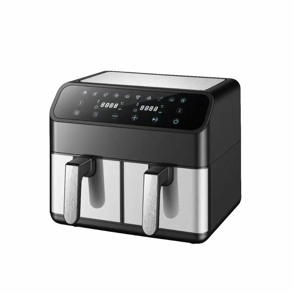8L stainless steel dual pot air fryer with touch screen and visual window on a kitchen counter