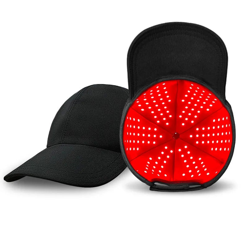 Black duckbill-style infrared peaked cap for hair growth with red LED lights and controller