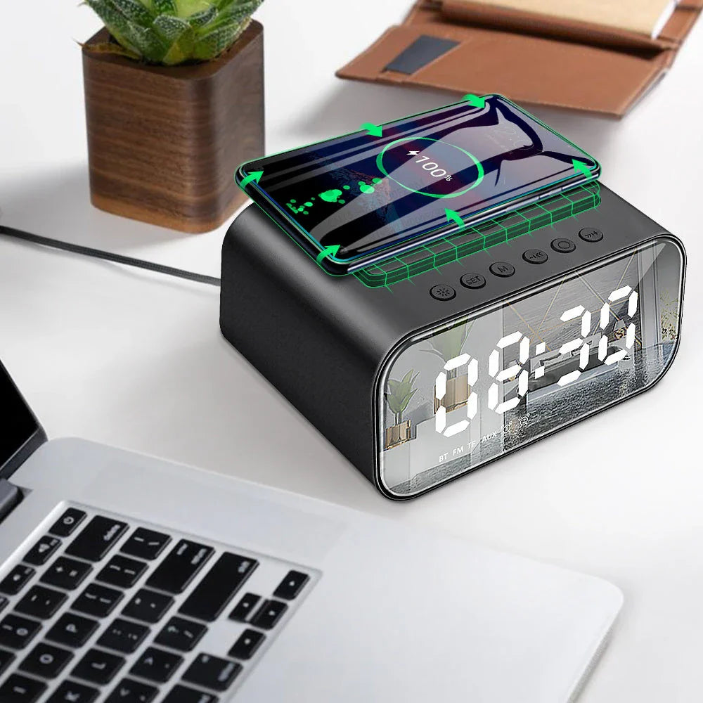 Wireless Charging Bluetooth Speaker Alarm Clock with LED Display, Compact Design, and Versatile Features