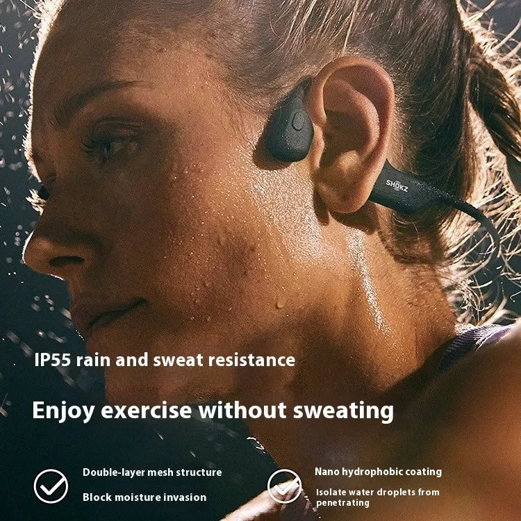 Titanium alloy bone conduction wireless sports earphones in Knight Black colour, shown in neck-hanging style.