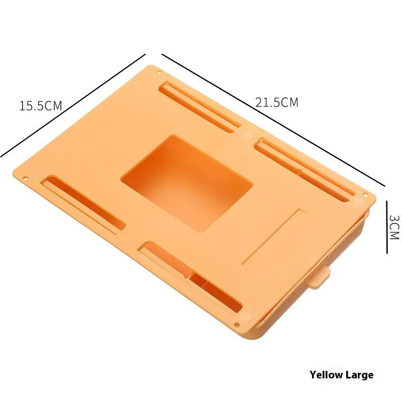 White plastic adhesive under-table storage drawer with covered lid and internal grid compartments