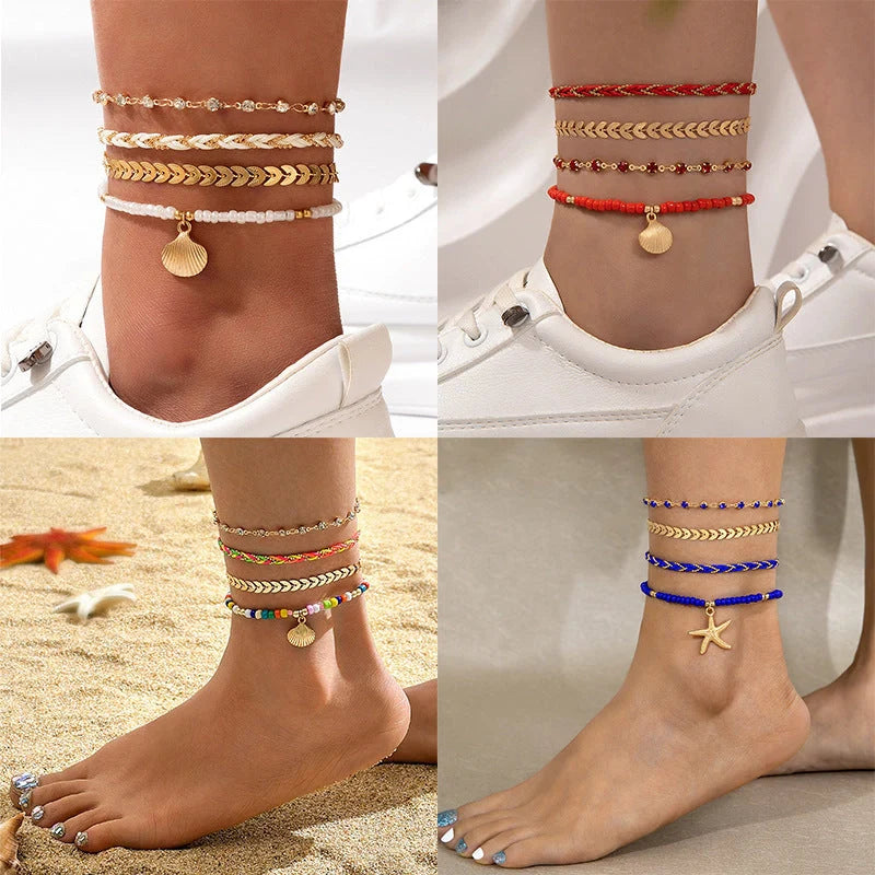Bohemian woven rope foot chain set with geometric alloy black beads for summer fashion