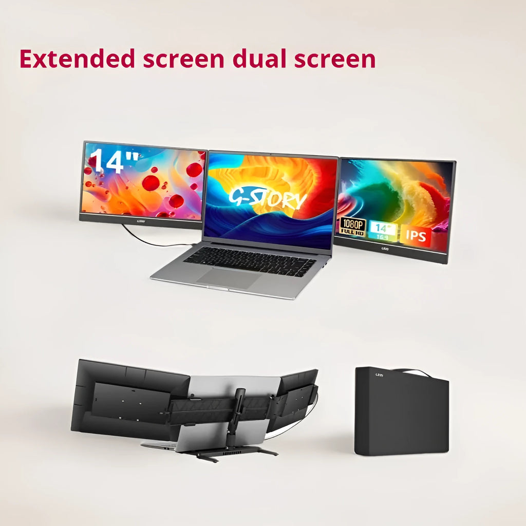 Black HD 14-inch dual screen IPS LCD office display with USB interface