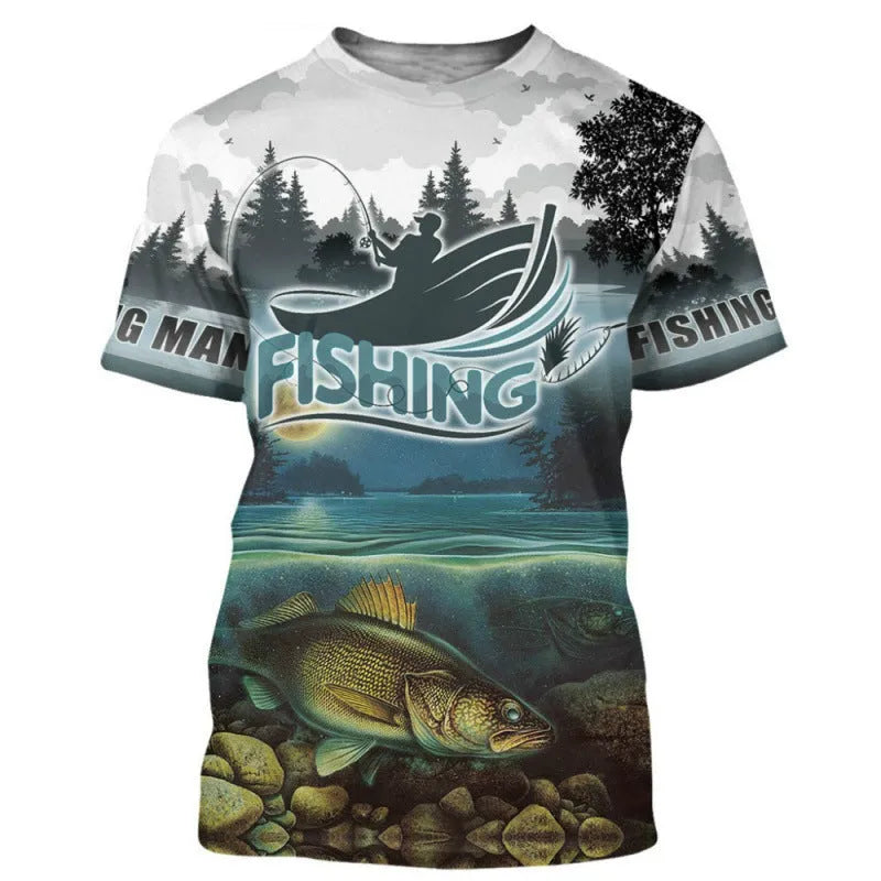 Men's loose fit short sleeve T-shirt featuring a detailed fishing pattern print in various colours