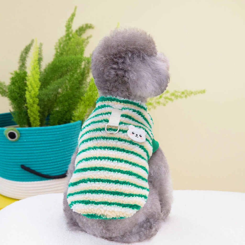 Thickened striped bear pet top in polar fluff, green colour, showing front view on a small dog