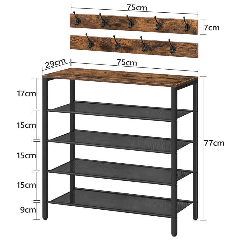Rustic wooden 4-tier shoe rack with grid design and coat hook for entryway organization