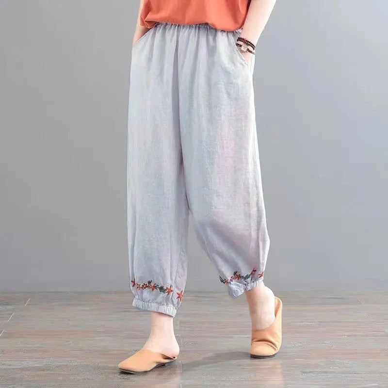Women's vintage cotton linen casual pants in solid colours - beige, black, grey, navy blue