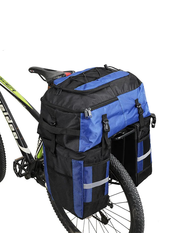 70L bicycle rear storage bag in blue green or red colours for long-distance cycling tours