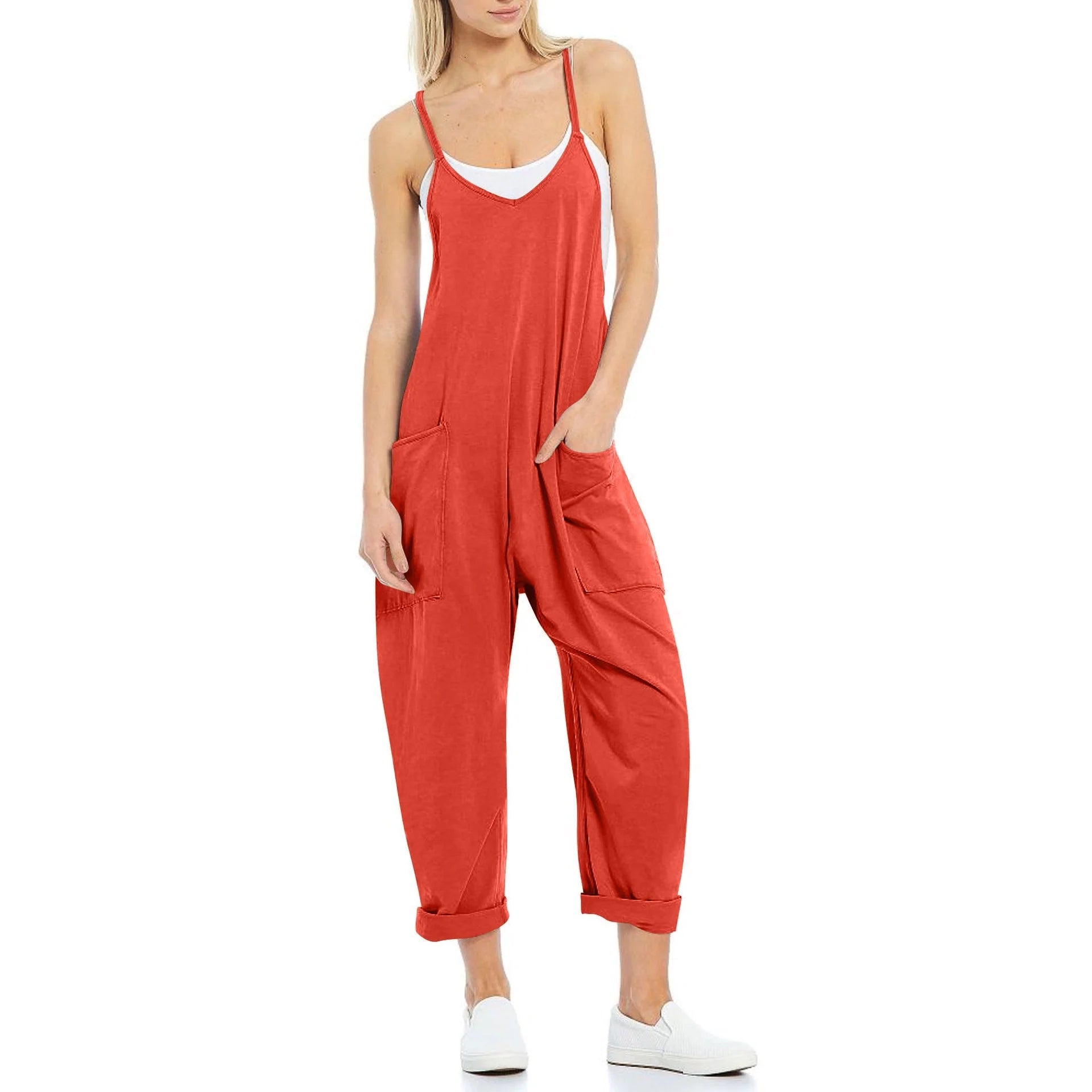 Women's knitted one-piece trousers with pockets and spaghetti straps in various colours