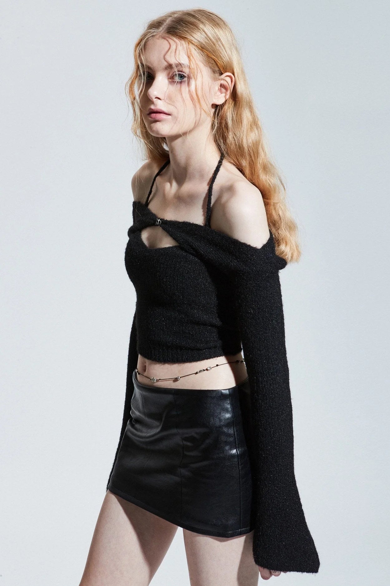 Off-shoulder knitted sweater for women in black, blue, and apricot