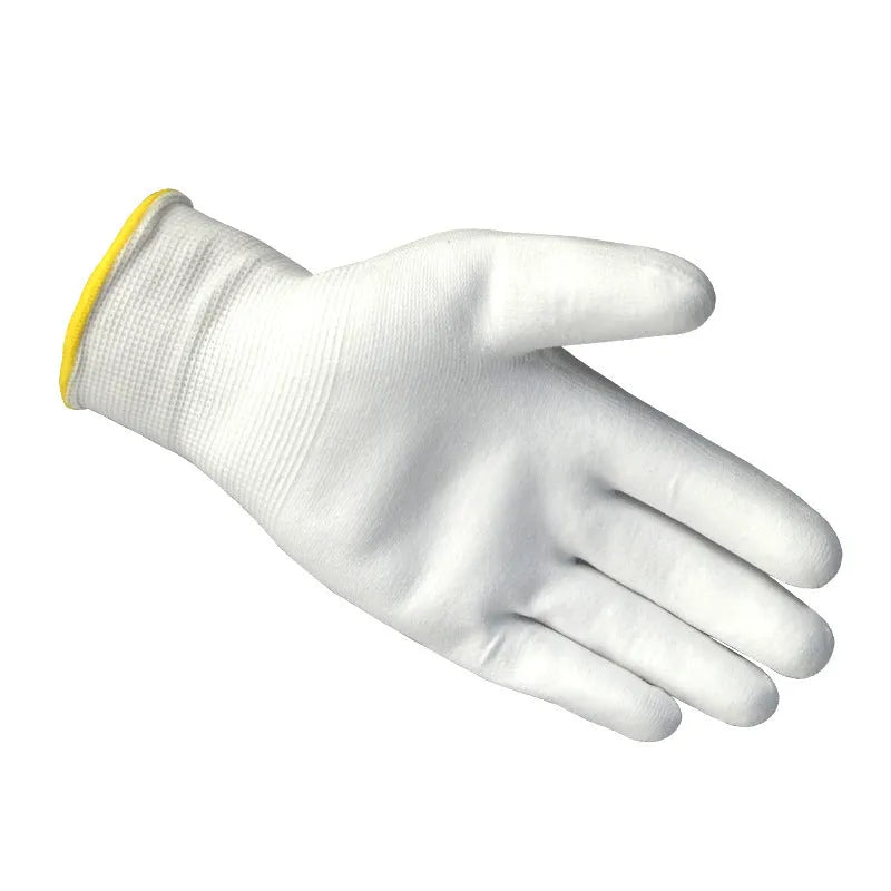 White PU coated labour gloves showing 24cm length and available in large and medium sizing options