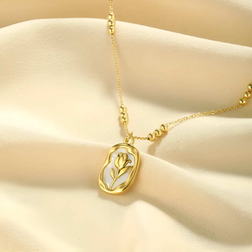 Simple rose white shell flower pendant necklace on regular chain for women, stainless steel with 18K electroplated finish