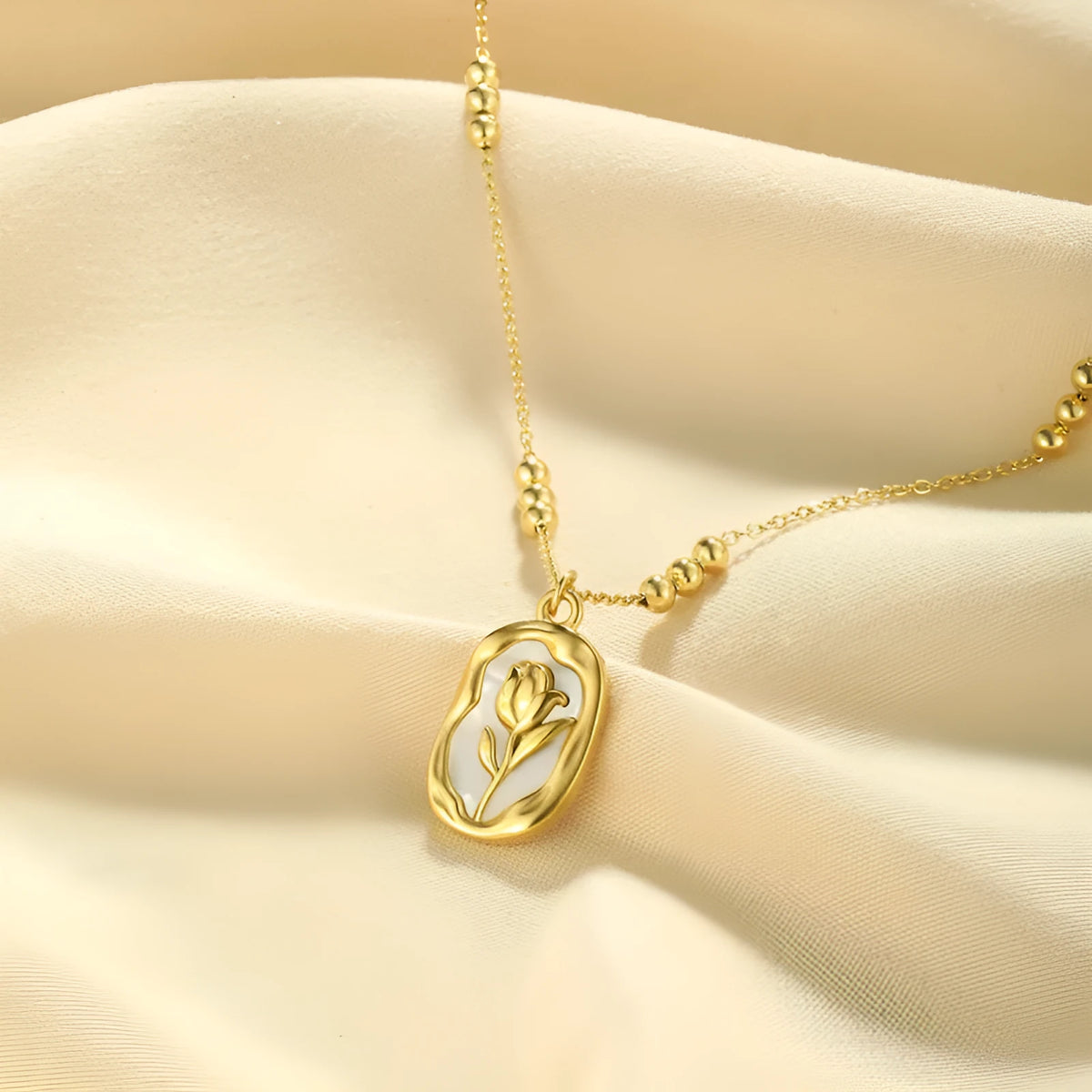Simple rose white shell flower pendant necklace on regular chain for women, stainless steel with 18K electroplated finish